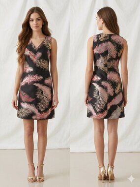 ETCETERA Metallic Feather Print Dress Sz 0 Black Pink Gold Jacquard V-Neck Party